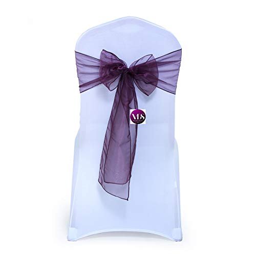VDS Pack of 200 Organza Chair Sashes for Weddings & Events Dcor | Sheer Shiny Dining Chair Bows for Banquet, Party, Reception | Reusable Decorative Sash for Folding & Chiavari Chairs - Plum