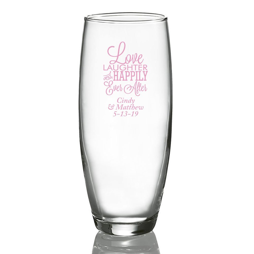Personalized Color Printed Stemless Champagne Glass - Love Laughter And Happily Ever After - Pink - 24 pack