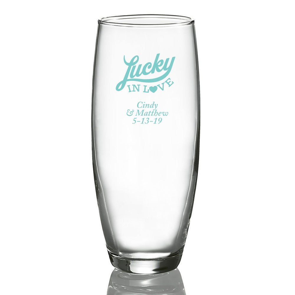 Personalized Color Printed Stemless Champagne Glass - Lucky In Love - Robins Egg Blue - 144 pack