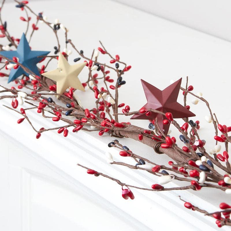 Americana Pip Berry Garland with with Red, White and Blue Stars  Year Round Rustic Berries, Farmhouse Home Decor for Table Arrangements, Fireplace Mantel, and Seasonal Centerpiece Decorations (60" L)