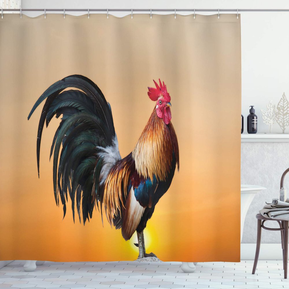 Ambesonne Rooster Shower Curtain, Animal Cockerel on Sunrise Farmhouse Harvest Season Rural Pastoral Nature Scenery, Cloth Fabric Bathroom Decor Set with Hooks, 69" W x 75" L, Tan Orange
