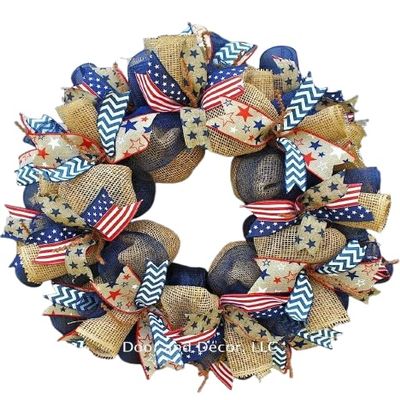 Patriotic Mesh Wreath for July 4th, Memorial Day, Father's Day, and Labor Day in 24 inch Diameter