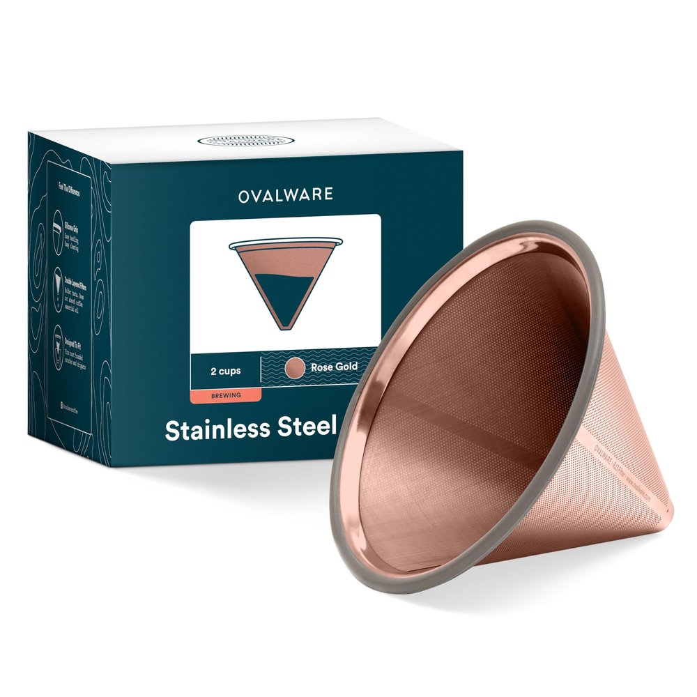 OVALWARE Paperless Stainless Steel Pour Over Coffee Filter Reusable and Permanent Coffee Cone Dripper for Ovalware, Chemex, Hario and Other Carafes (Titanium Rose Gold)