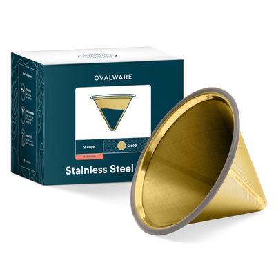 OVALWARE Paperless Stainless Steel Pour Over Coffee Filter Reusable and Permanent Coffee Cone Dripper for Ovalware, Chemex, Hario and Other Carafes (Titanium Gold)