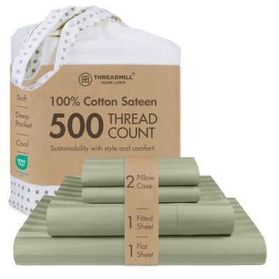 Threadmill 500 Thread Count Full-Size Damask Stripe, 4 Pc Luxury Cotton Bedding Set, Breathable Sage Green Sheets with 16" Elasticized Deep Pocket, 2 Pillowcases & Free Tote Bag