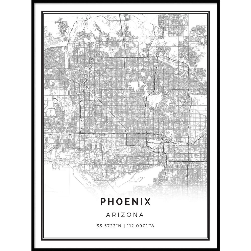 Phoenix map poster print | Modern black and white wall art | Scandinavian home decor | Arizona City prints artwork | Fine art posters 20x30