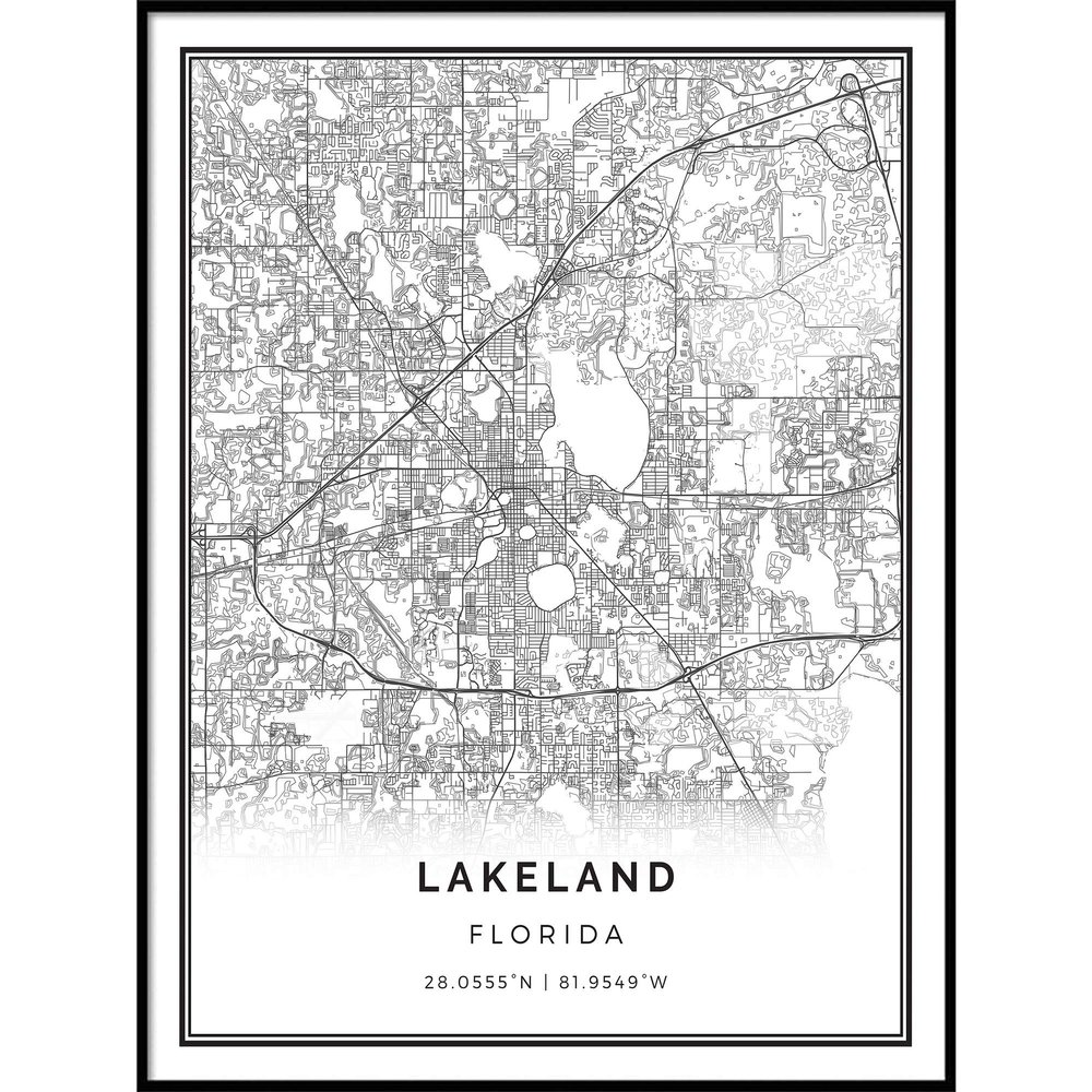 Lakeland map poster print | Modern black and white wall art | Scandinavian home decor | Florida City prints artwork | Fine art posters 20x30