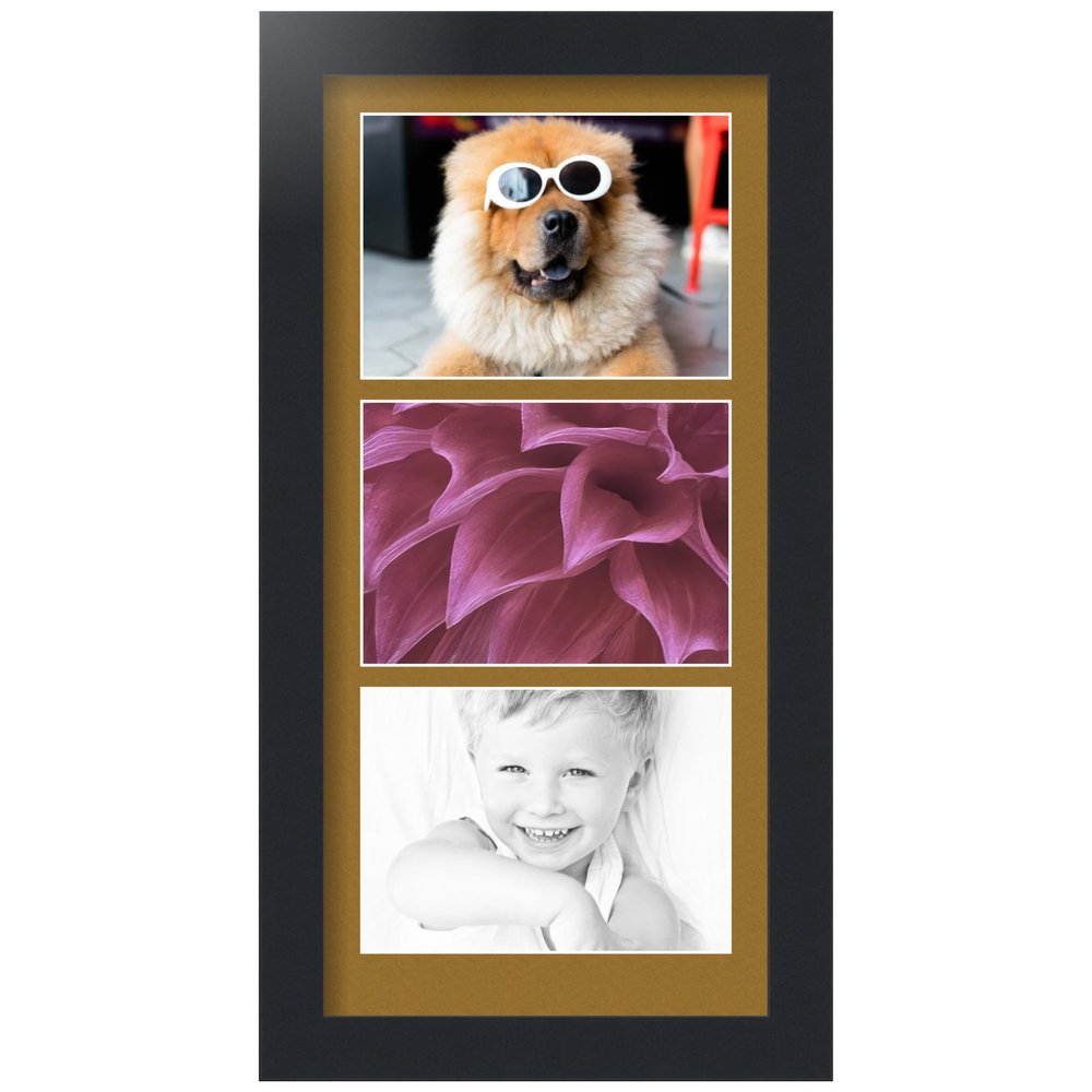 ArtToFrames Collage Photo Frame Single Mat with 3-5x7 Openings with Satin Black Frame and El Dorado mat.