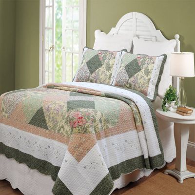 Onitiva [Flower Exposition] 100% Hypoallergenic Cotton Patchwork 3 Piece Quilt Set Bedroom Quilt Bedding King Size Seaweed