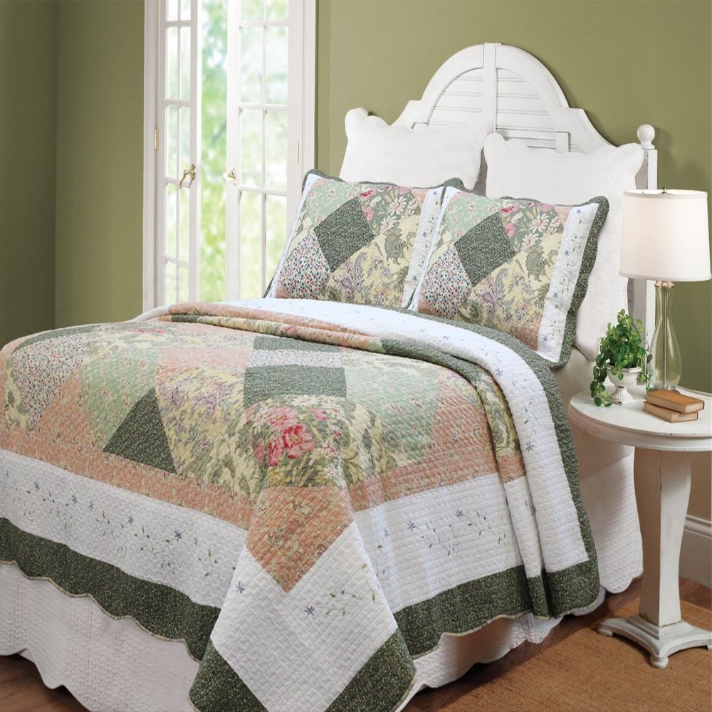 Onitiva [Flower Exposition] 100% Hypoallergenic Cotton Patchwork 3 Piece Quilt Set Bedroom Quilt Bedding King Size Seaweed
