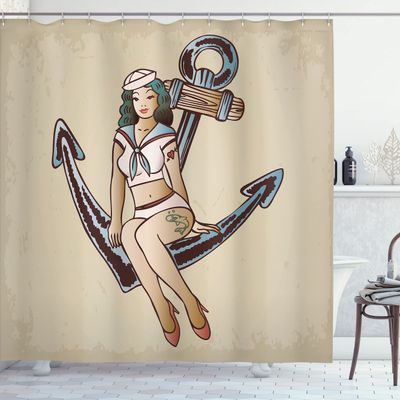 Ambesonne Anchor Shower Curtain, Pinup Girl Sailor Outfit Shark and Heart Tattoo Vintage Twenties Illustration, Cloth Fabric Bathroom Decor Set with Hooks, 69" W x 84" L, Dark Eggshell Multicolor