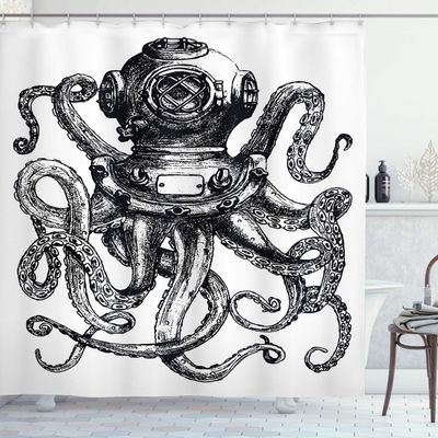 Ambesonne Octopus Shower Curtain, Vintage Style Diver Octopus Marine Animal Tentacles Scuba Concept, Cloth Fabric Bathroom Decor Set with Hooks, 69" W x 84" L, Charcoal Grey and White
