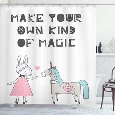 Ambesonne Cartoon Shower Curtain, Bunny in a Dress Unicorn Scandinavian Style and Magic Words, Cloth Fabric Bathroom Decor Set with Hooks, 69" W x 84" L, White Grey Pink
