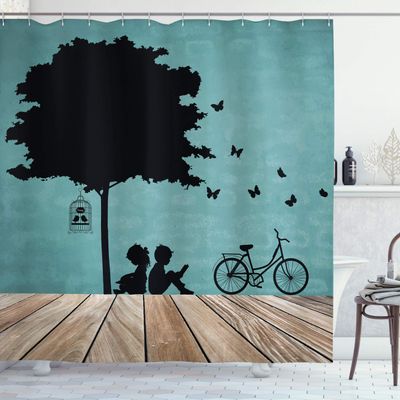 Ambesonne Nature Shower Curtain, Boy and Girl Reading Under Tree a Bird Cage Bicycle, Cloth Fabric Bathroom Decor Set with Hooks, 69" W x 75" L, Pale Brown Seafoam Black