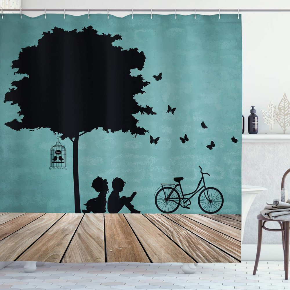 Ambesonne Nature Shower Curtain, Boy and Girl Reading Under Tree a Bird Cage Bicycle, Cloth Fabric Bathroom Decor Set with Hooks, 69" W x 75" L, Pale Brown Seafoam Black