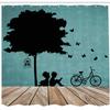 Ambesonne Nature Shower Curtain, Boy and Girl Reading Under Tree a Bird Cage Bicycle, Cloth Fabric Bathroom Decor Set with Hooks, 69" W x 75" L, Pale Brown Seafoam Black view 2