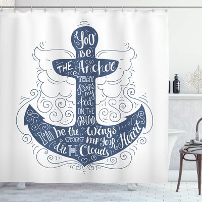 Ambesonne Anchor Shower Curtain, Doodle Style Maritime Motif with Swirls and Curls Words Design, Cloth Fabric Bathroom Decor Set with Hooks, 69" W x 75" L, Blue and White