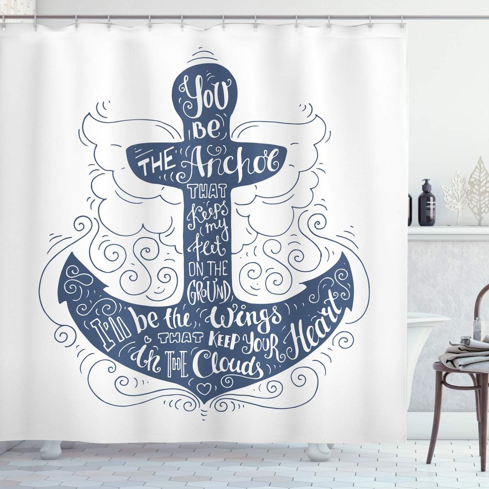 Ambesonne Anchor Shower Curtain, Doodle Style Maritime Motif with Swirls and Curls Words Design, Cloth Fabric Bathroom Decor Set with Hooks, 69" W x 75" L, Blue and White