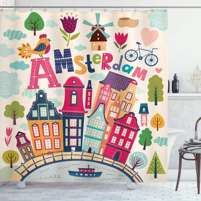 Ambesonne Dutch Shower Curtain, Cartoon Style Amsterdam Architecture Illustration with Colorful City and Trees, Cloth Fabric Bathroom Decor Set with Hooks, 69" W x 75" L, Magenta Multicolor