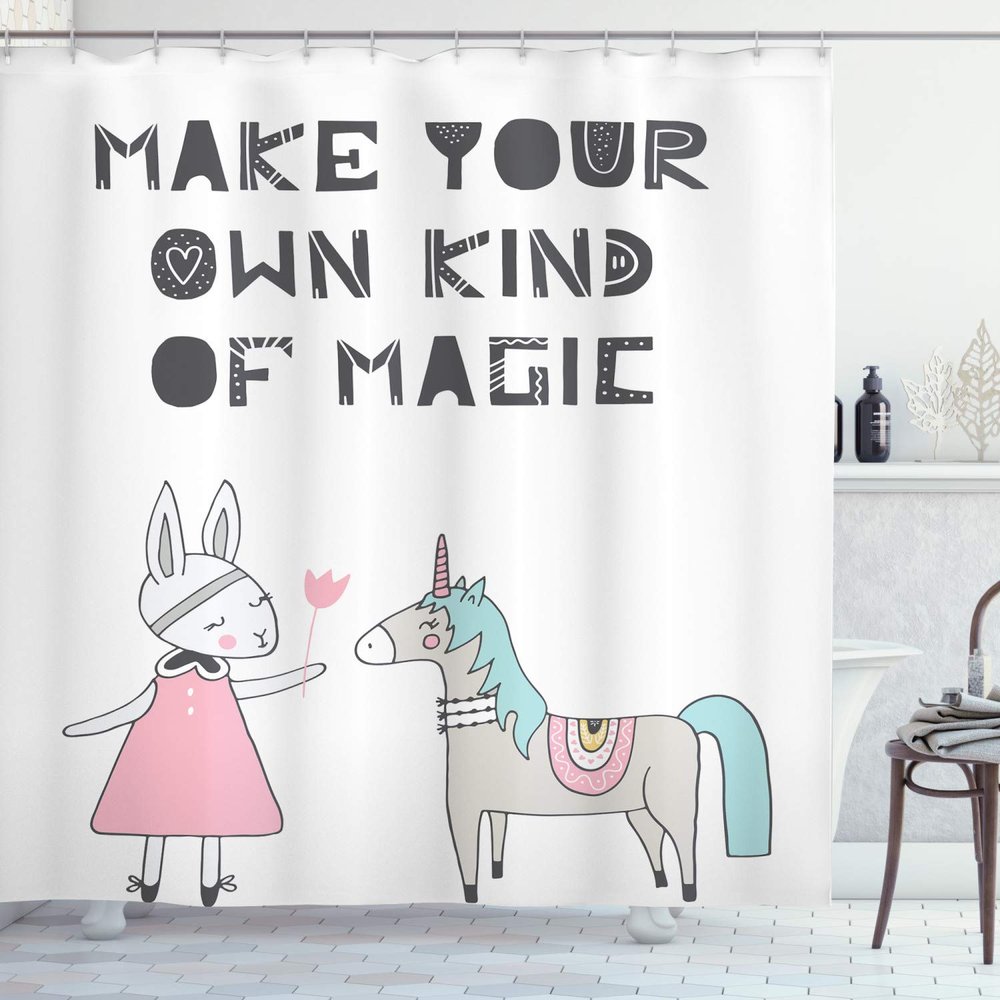 Ambesonne Cartoon Shower Curtain, Bunny in a Dress Unicorn Scandinavian Style and Magic Words, Cloth Fabric Bathroom Decor Set with Hooks, 69" W x 75" L, White Grey Pink