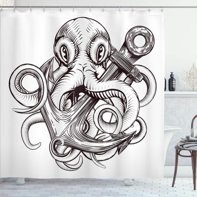 Ambesonne Anchor Shower Curtain, Monochrome Octopus Tattoo Art Style Naval Sketch Mythical Kraken Beast Design, Cloth Fabric Bathroom Decor Set with Hooks, 69" W x 84" L, Brown and White