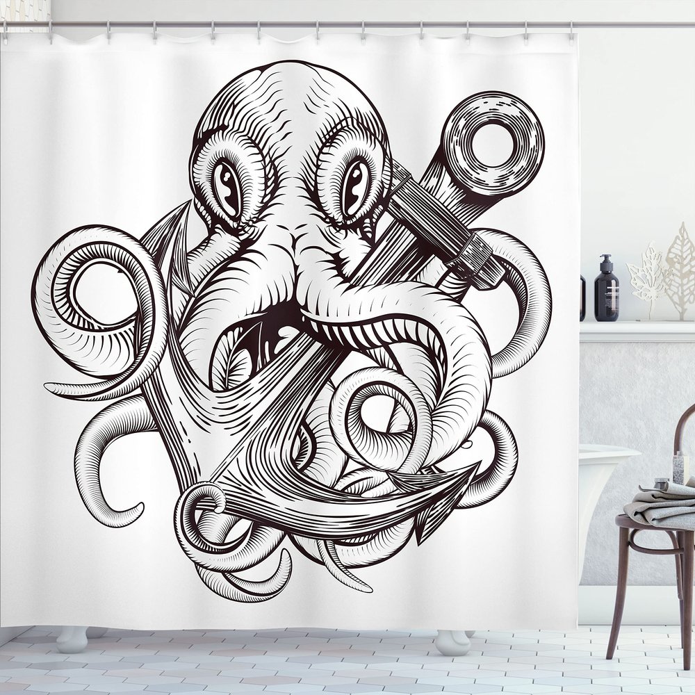 Ambesonne Anchor Shower Curtain, Monochrome Octopus Tattoo Art Style Naval Sketch Mythical Kraken Beast Design, Cloth Fabric Bathroom Decor Set with Hooks, 69" W x 84" L, Brown and White