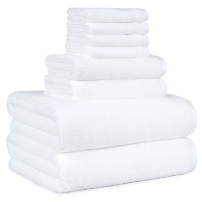 Amazon Basics 100% Cotton Soft Quick-Dry 8-Piece Towel Set, Bath Towels, Hand Towels, Washcloths, White, Compact & Lightweight