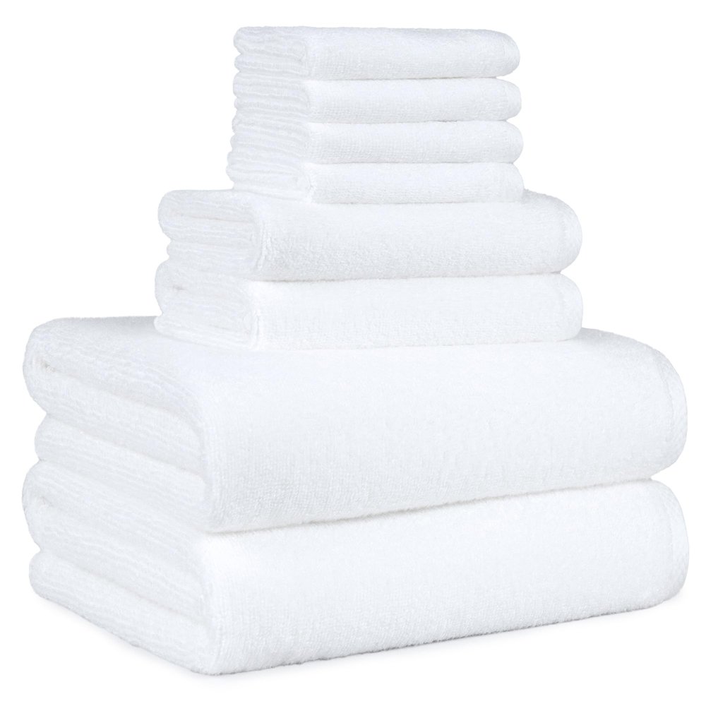 Amazon Basics 100% Cotton Soft Quick-Dry 8-Piece Towel Set, Bath Towels, Hand Towels, Washcloths, White, Compact & Lightweight