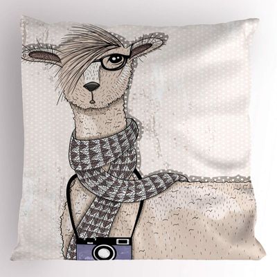 Ambesonne Animal Pillow Sham, Llama with Camera Scarf and Glasses Hipster Animal on a Dotted Beige Background, Decorative Standard Size Printed Pillowcase, 26" X 20", Ivory Charcoal