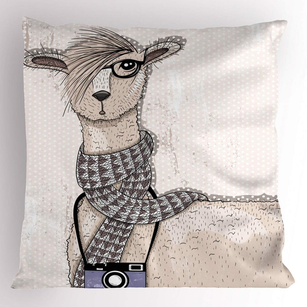 Ambesonne Animal Pillow Sham, Llama with Camera Scarf and Glasses Hipster Animal on a Dotted Beige Background, Decorative Standard Size Printed Pillowcase, 26" X 20", Ivory Charcoal