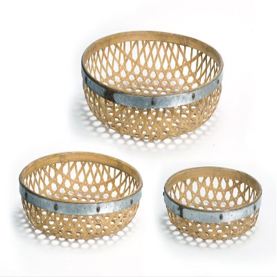 Melrose International Round Woven Tray (Set of 3) 17" D, 20" D, 23.5" D Bamboo/Metal