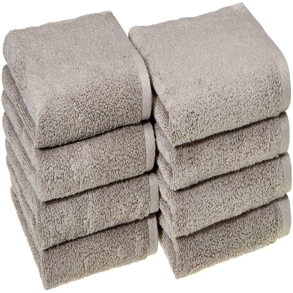 Amazon Basics 100% Cotton Lightweight Quick-Dry Hand Towel, 28" x 16", Platinum, 8-Pack