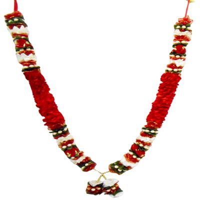 Craftsofindia Red and White Large Reusable Satin Ribbon Floral Garland Haar Mala for God Idol, Photo Frame Decorated with Motifs