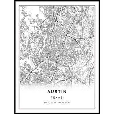 Austin map poster print | Modern black and white wall art | Scandinavian home decor | Texas City prints artwork | Fine art posters 20x30
