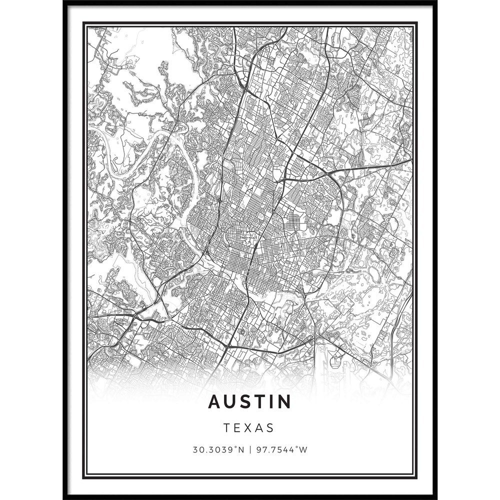 Austin map poster print | Modern black and white wall art | Scandinavian home decor | Texas City prints artwork | Fine art posters 20x30