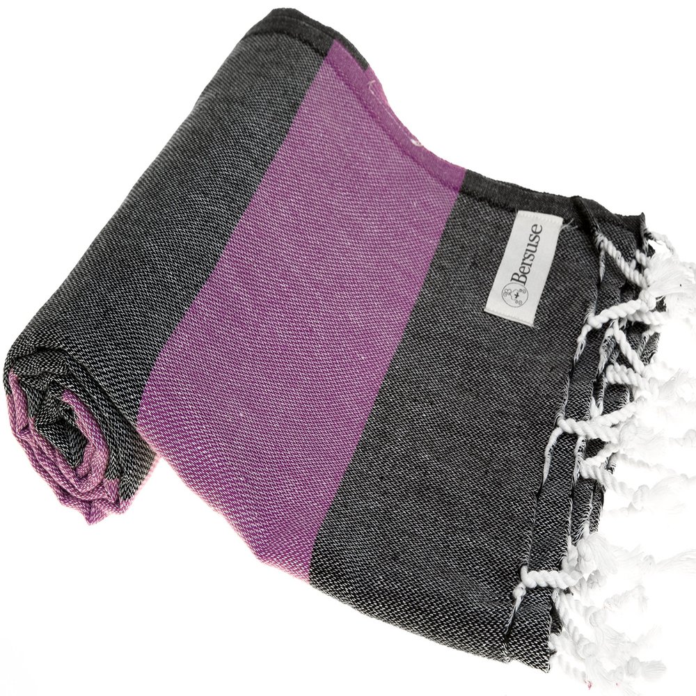 Bersuse Beach Towels Peshtemal Turkish Towels Cayman Premium Turkish Beach Towel - Peshtemal Beach Towel, 100% Cotton, Quick-Dry, Sand-Free, Lightweight, Black/Purple (Set of 6)