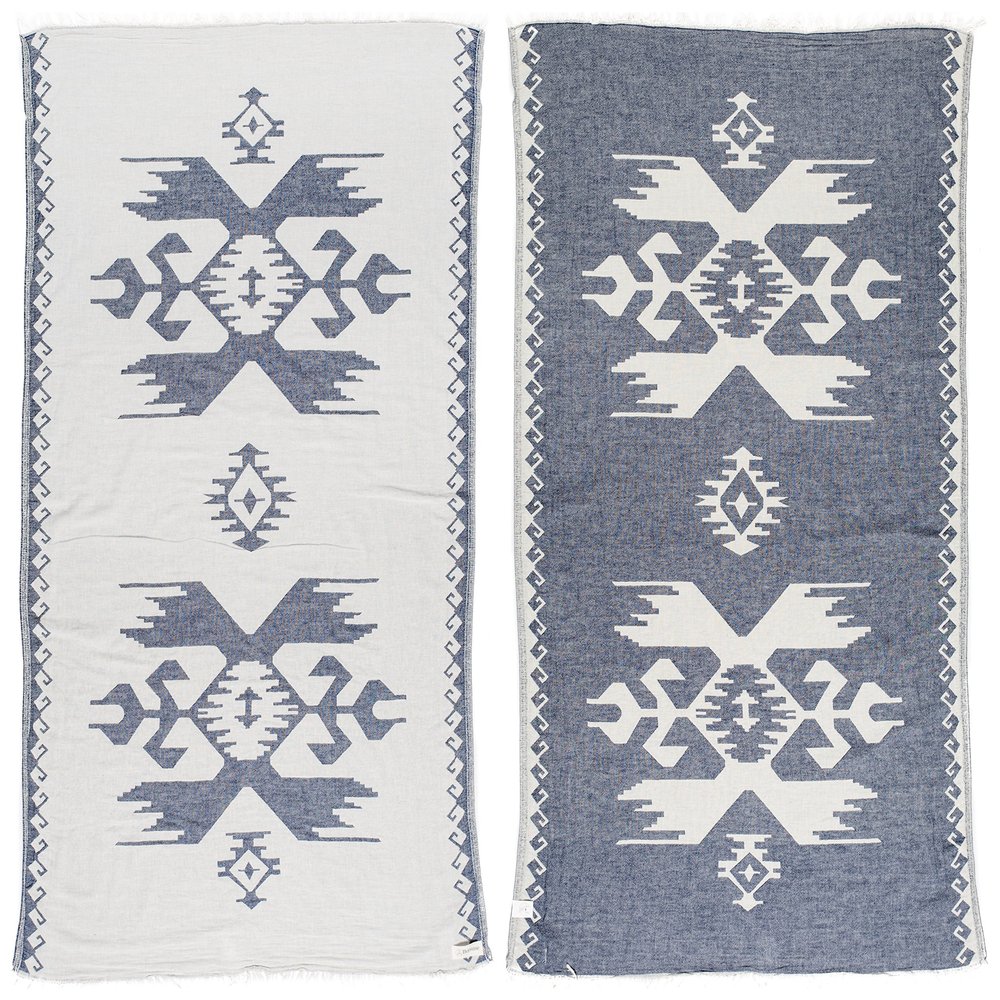 Bersuse 100% Cotton Oaxaca Turkish Towel Beach Towel Bath Towel Dual Layer Peshtemal Beach Blanket Beach Essentials - 37x70 Inches, Dark Blue (Set of 6)