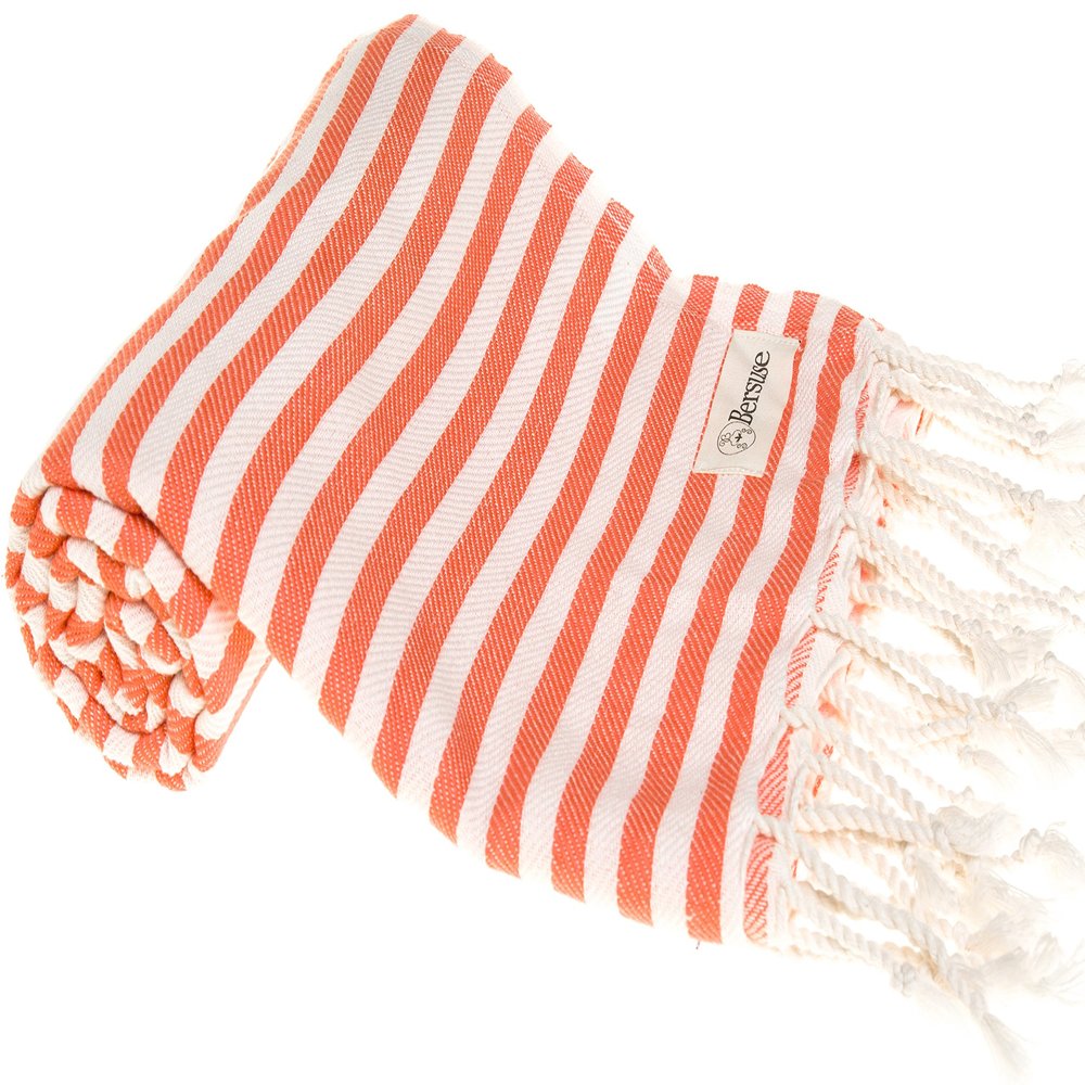 Bersuse Beach Towels Peshtemal Turkish Towels Malibu Premium Turkish Beach Towel - Peshtemal Beach Towel, 100% Cotton, Quick-Dry, Sand-Free, Lightweight Oeko-TEX - 37x70 Inches, Orange (Set of 6)