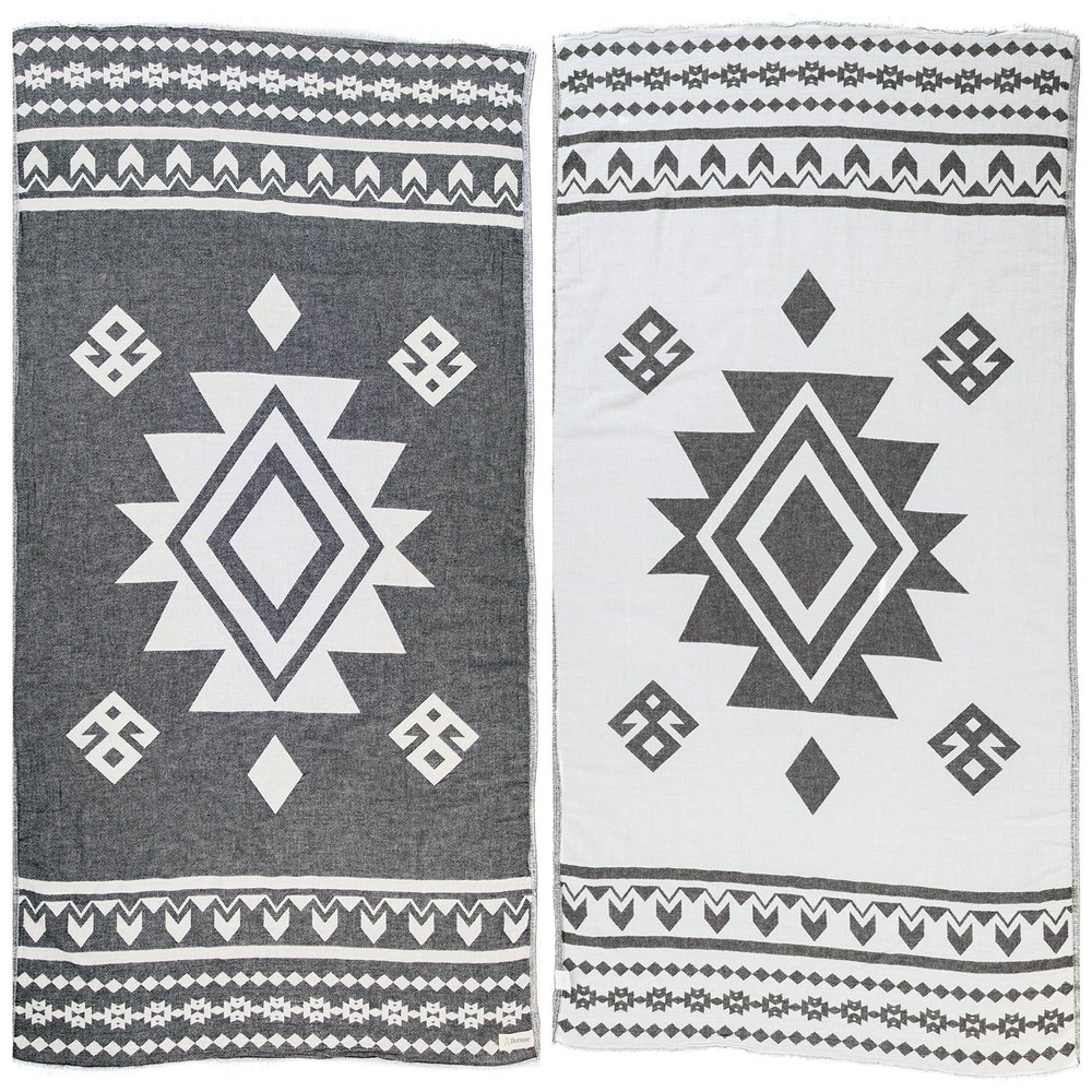 Bersuse 100% Cotton Uxmal Turkish Towel Beach Towel Bath Towel Dual Layer Peshtemal Beach Blanket Beach Essentials - 37x70 Inches, Black (Set of 6)