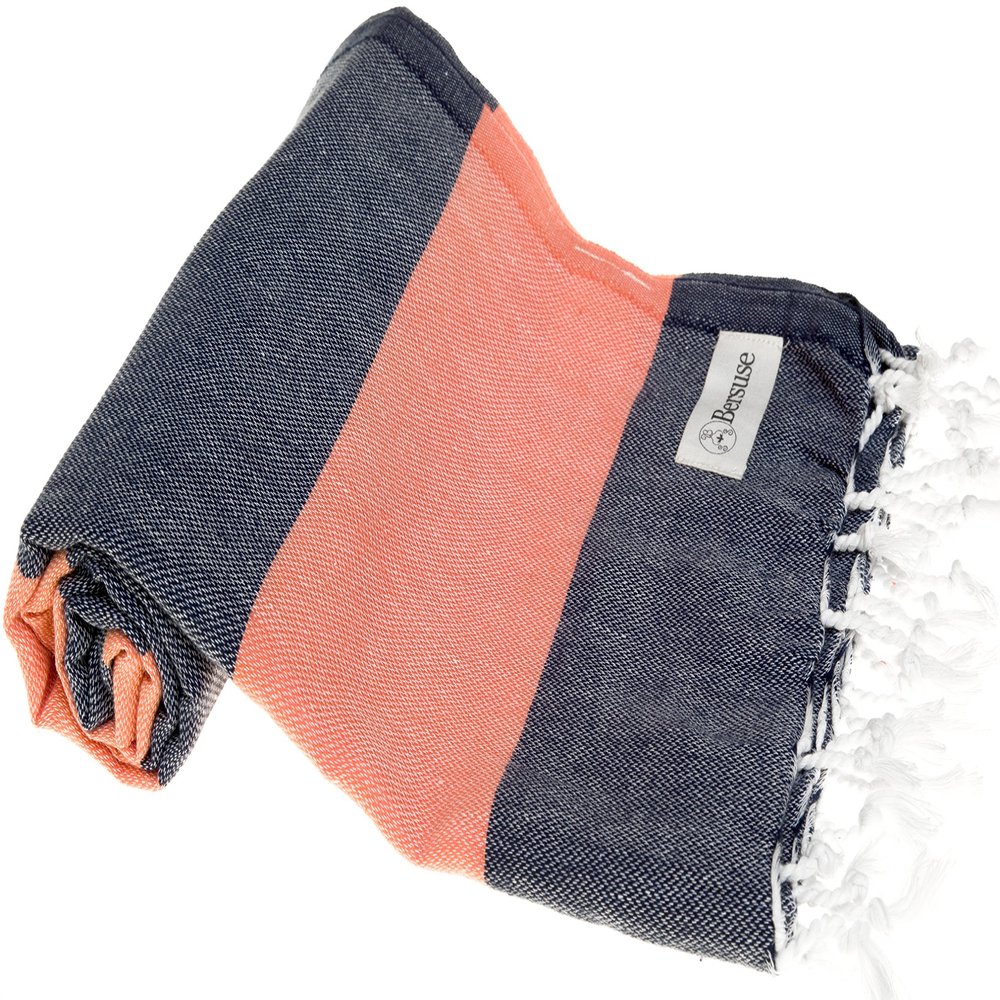 Bersuse Beach Towels Peshtemal Turkish Towels Cayman Premium Turkish Beach Towel - Peshtemal Beach Towel, 100% Cotton, Quick-Dry, Sand-Free, Lightweight, Dark Blue/Orange (Set of 6)