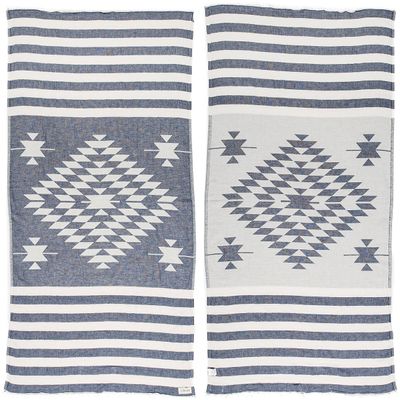 Bersuse 100% Cotton Carmen Turkish Towel Beach Towel Bath Towel Dual Layer Peshtemal Beach Blanket Beach Essentials - 37x70 Inches, Dark Blue (Set of 6)