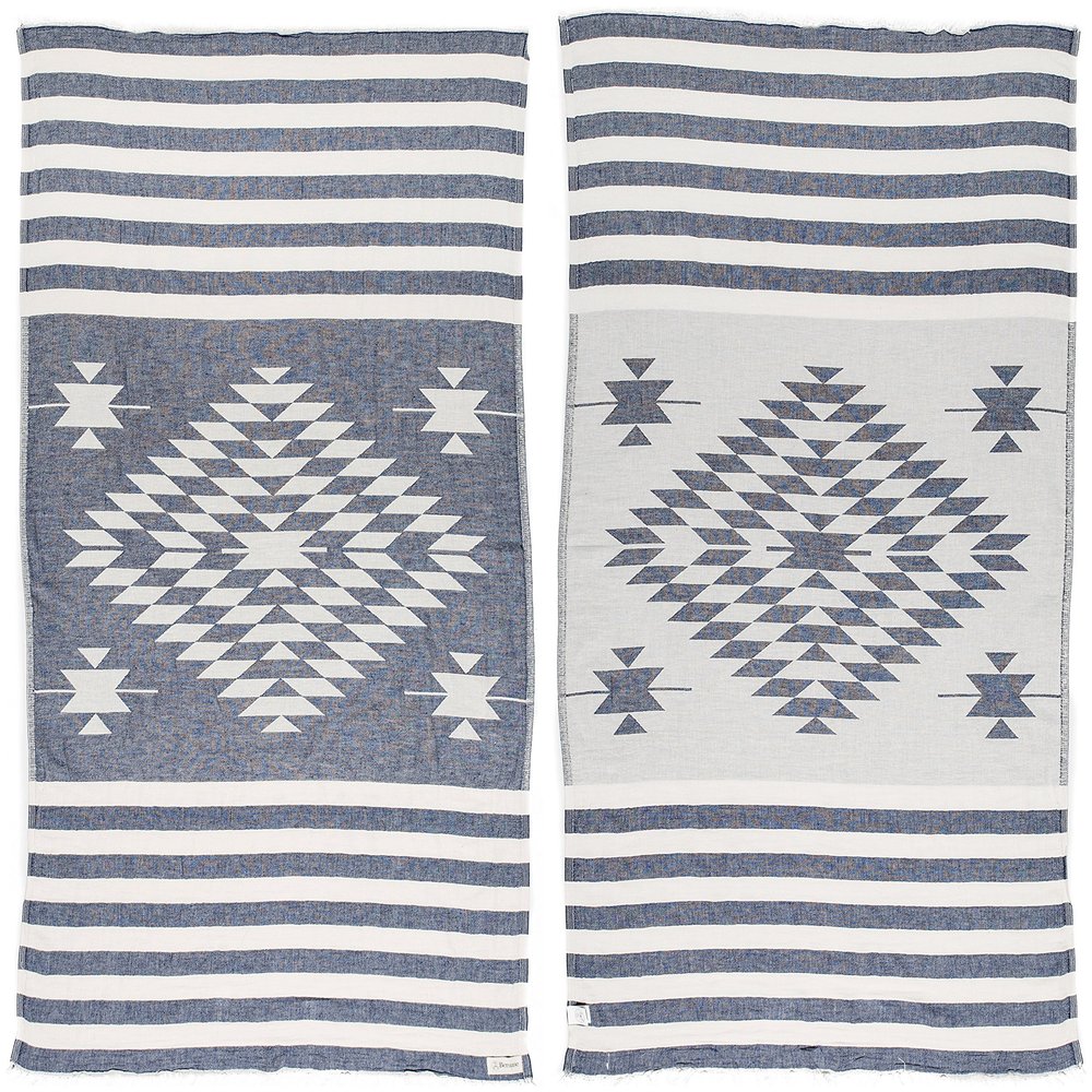 Bersuse 100% Cotton Carmen Turkish Towel Beach Towel Bath Towel Dual Layer Peshtemal Beach Blanket Beach Essentials - 37x70 Inches, Dark Blue (Set of 6)