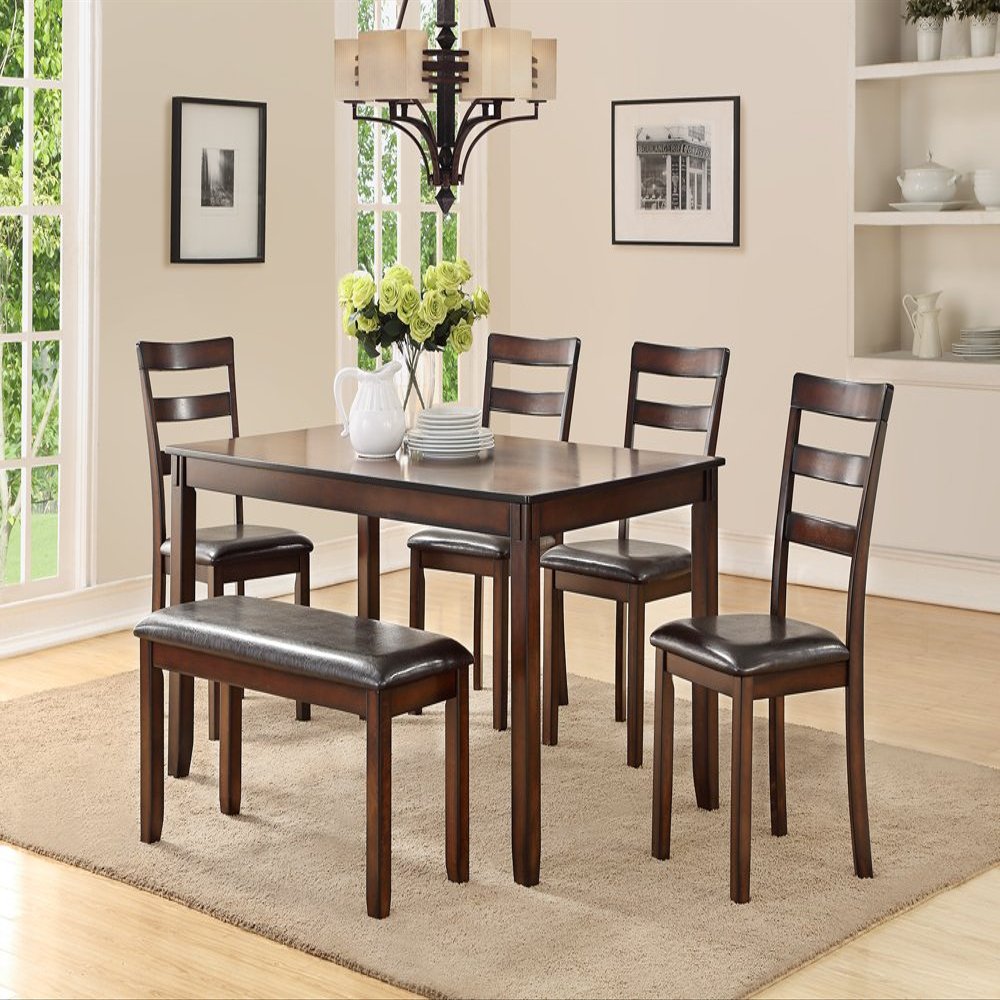Benjara Rubber Wood Dining Set, Brown