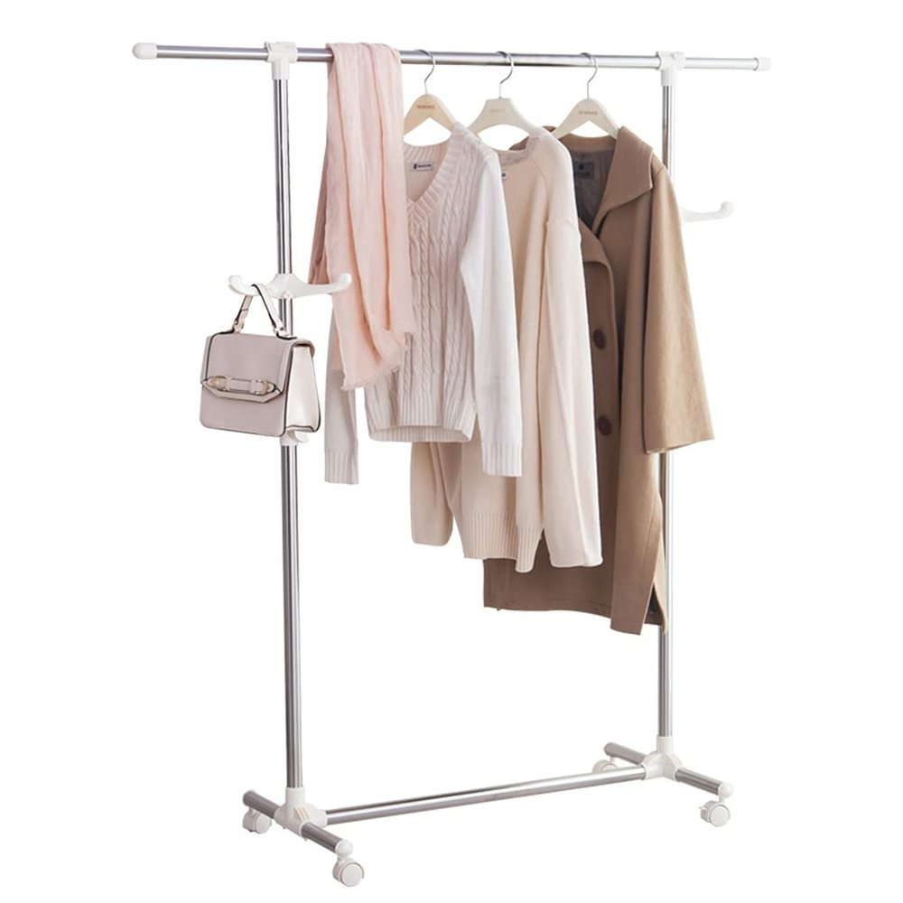 BAOYOUNI Single Rod Clothes Coat Rack on Wheels Metal Rolling Clothing Hats Purses Display Hanger Hooks Garment Storage Stand Holder Organizer, Height and Width Adjustable (Ivory)