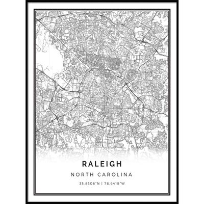 Raleigh map poster print | Modern black and white wall art | Scandinavian home decor | North Carolina City prints artwork | Fine art posters 20x30