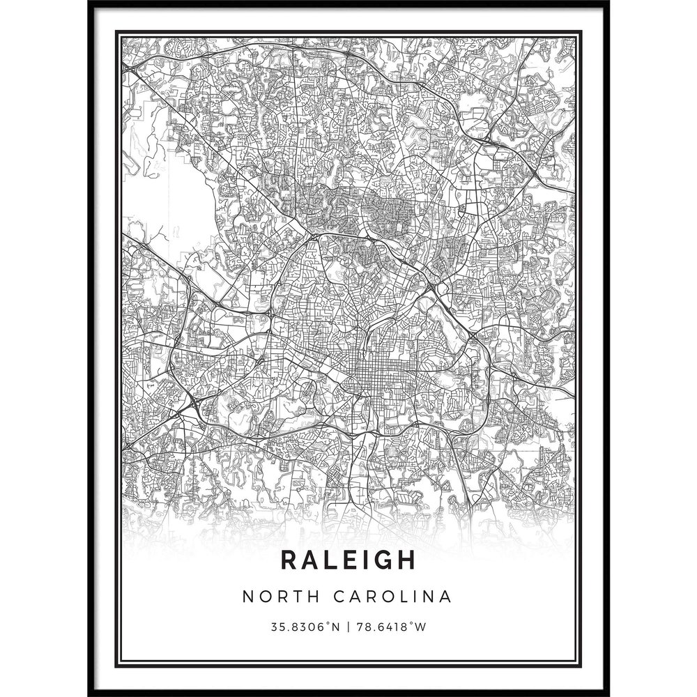 Raleigh map poster print | Modern black and white wall art | Scandinavian home decor | North Carolina City prints artwork | Fine art posters 20x30