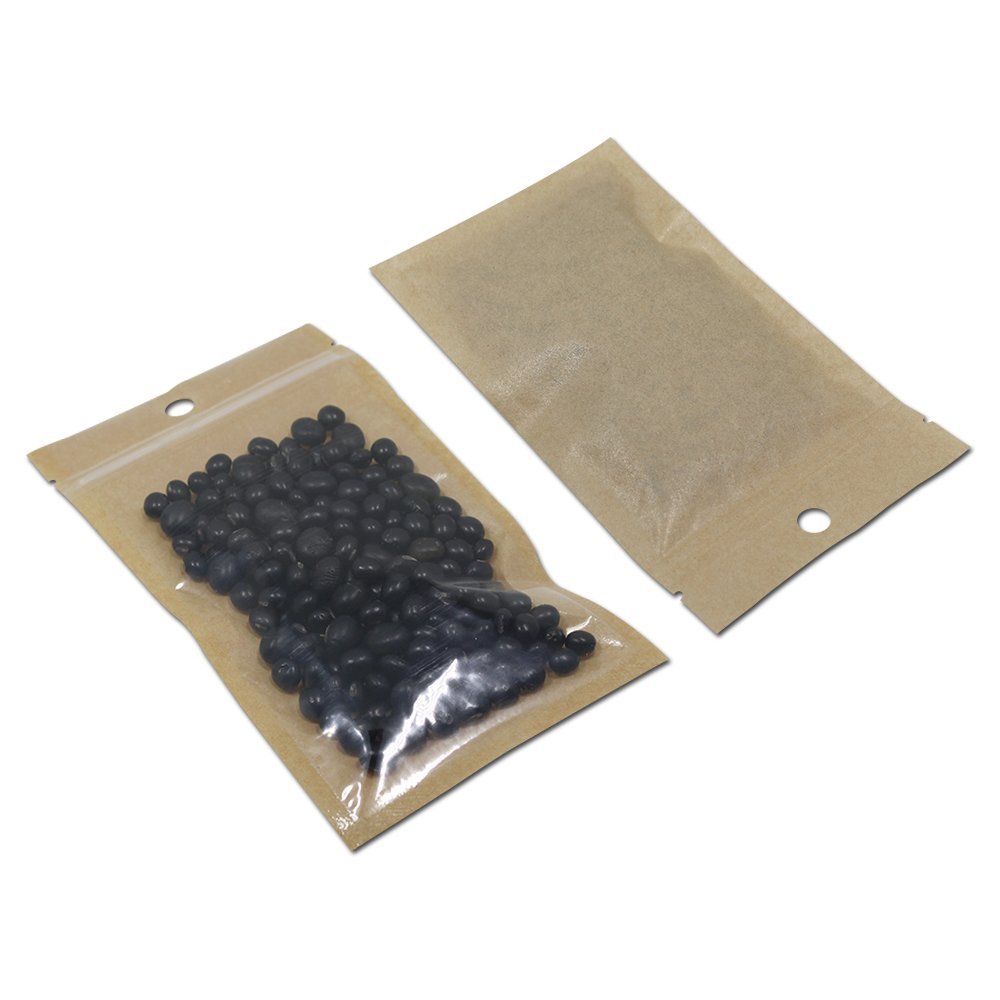 FERENLI 100 Pcs 3.54x5.91 inch Small Clear Brown Kraft Paper Zipper Bags
