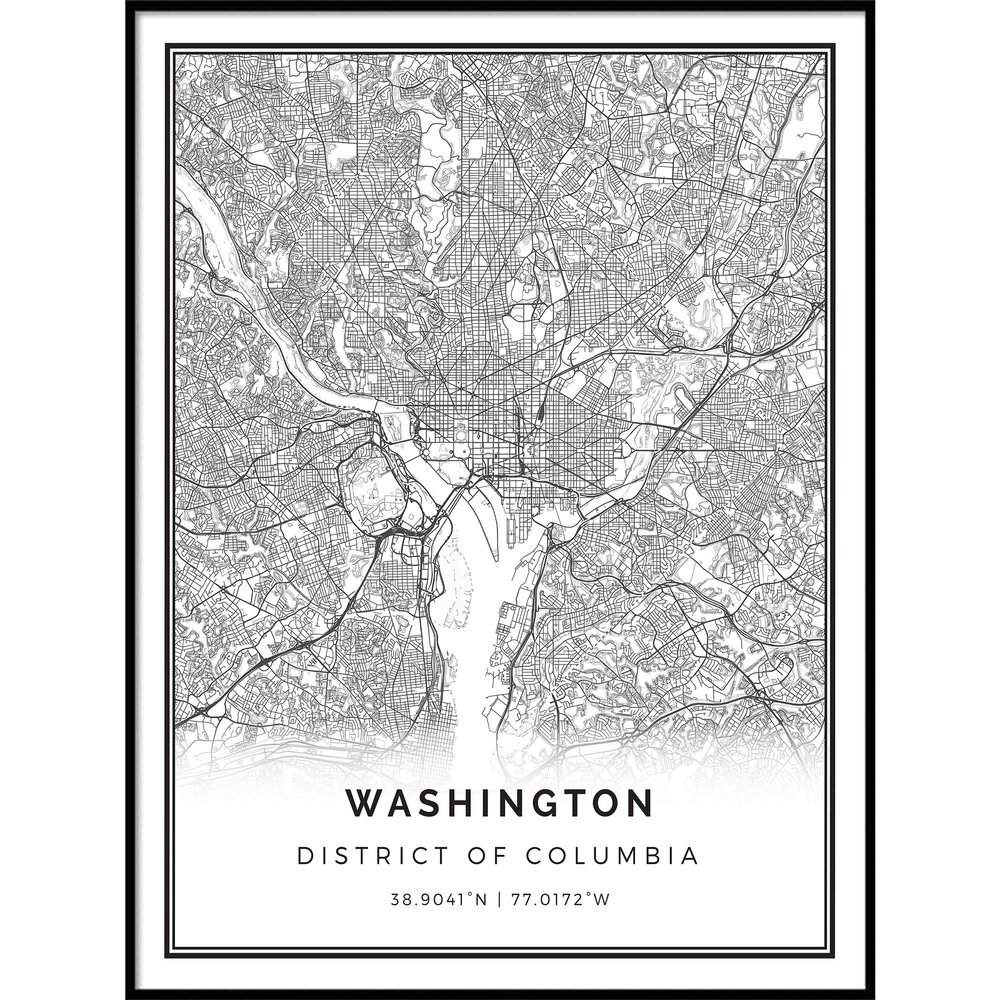 Washington map poster print | Modern black and white wall art | Scandinavian home decor | District of Columbia City prints artwork | Fine art posters 20x30