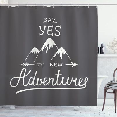 Ambesonne Adventure Shower Curtain, Say Yes to New Adventures Typographic Words Scribble Mountains, Cloth Fabric Bathroom Decor Set with Hooks, 69" W x 84" L, Charcoal Grey and White