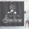 Ambesonne Adventure Shower Curtain, Say Yes to New Adventures Typographic Words Scribble Mountains, Cloth Fabric Bathroom Decor Set with Hooks, 69" W x 84" L, Charcoal Grey and White view 1